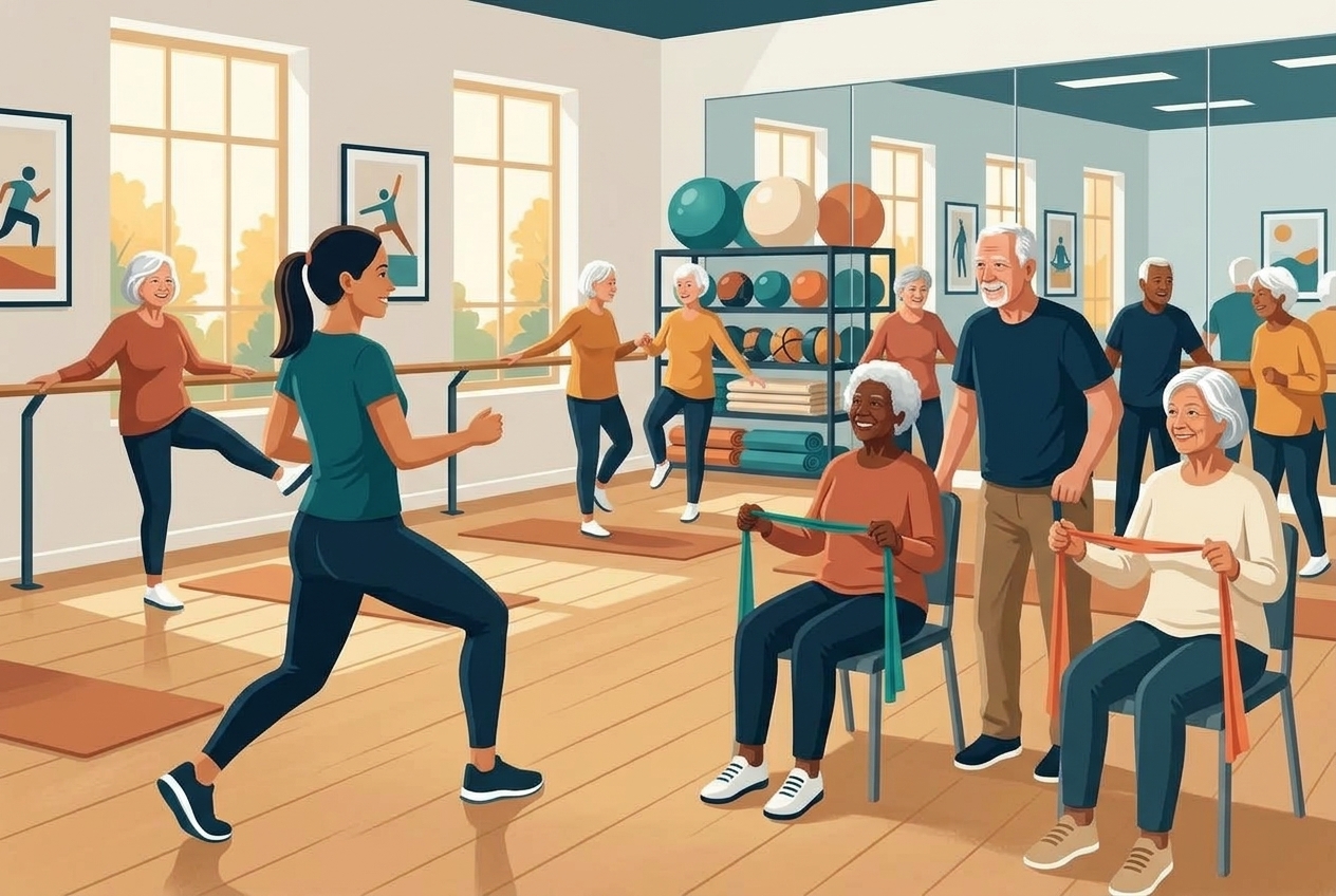 Warm editorial illustration of an active 55+ fitness class in a bright studio demonstrating seated, supported, and standing movements