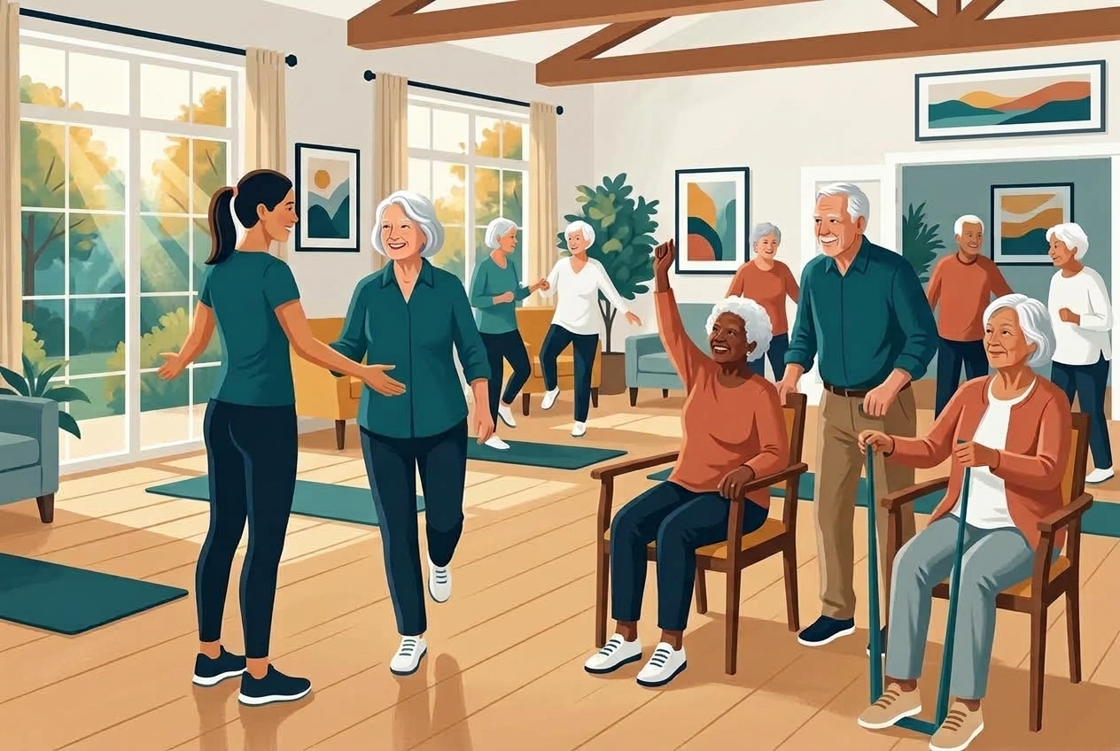 Warm drawn editorial illustration of an uplifting movement circle with diverse active adults practicing seated, supported, and standing balance with certified specialist Amanda Carney