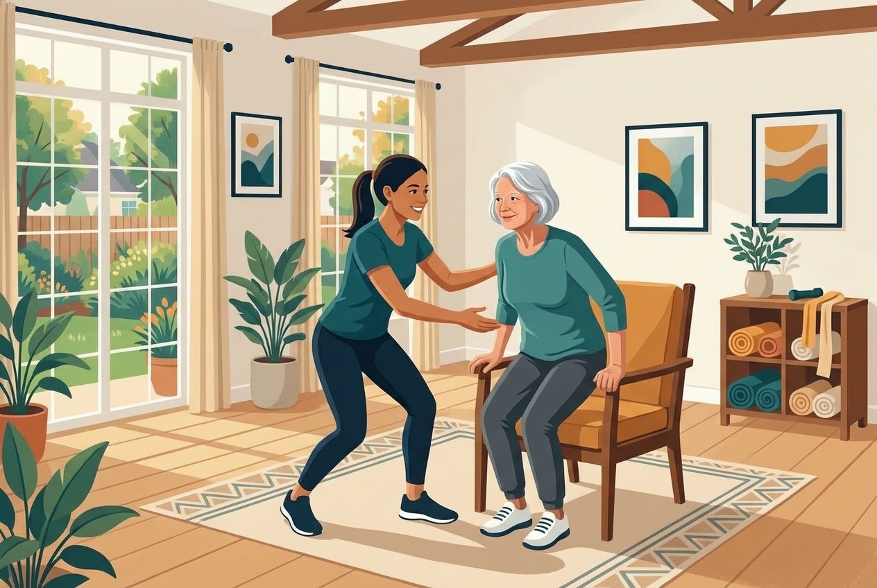 Warm editorial illustration of Amanda Carney coaching an active older adult one-on-one in a sunlit home living room