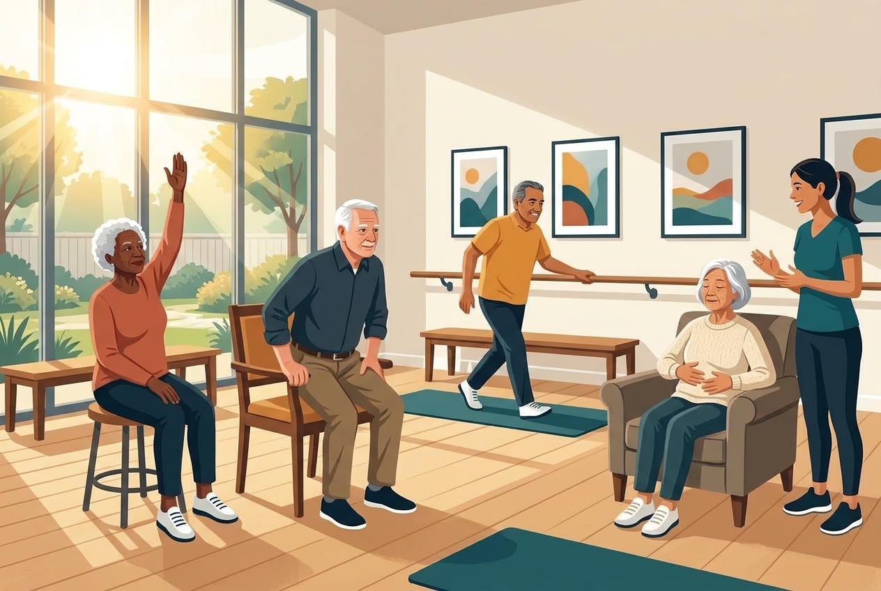 Warm drawn illustration of active adults 55+ demonstrating the four movement pillars in a sunlit studio with a certified specialist