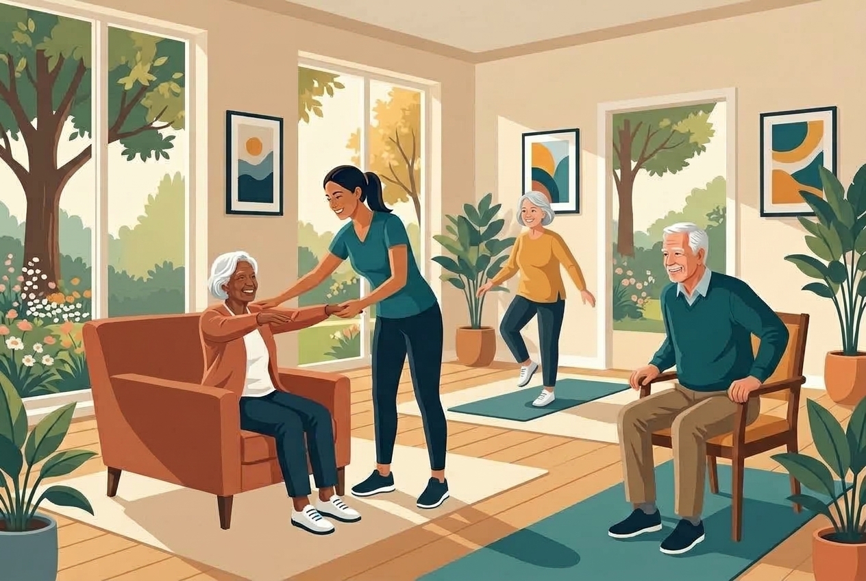 Warm drawn illustration of active adults 55+ practicing seated posture and dynamic stepping balance with a certified specialist in a sunlit community space
