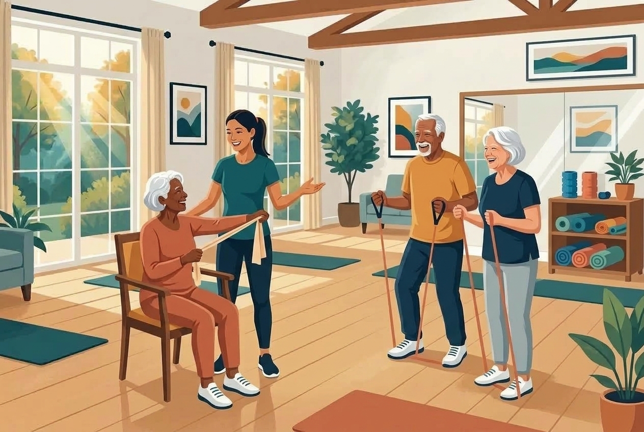 Warm editorial illustration of four active adults 55+ practicing balance and resistance bands together with joy